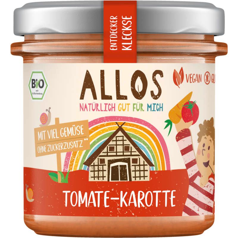 Glas mit Tomate-Karotte-Nahrung. Aufschrift: ALLOS, BIO-Siegel, Vegan. Illustrationen: Regenbogen, Haus, Kind, Gemüse.