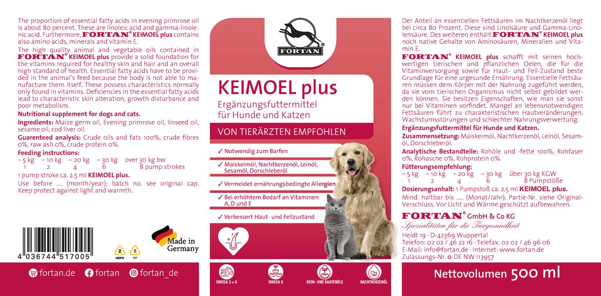 Etikett mit Text und Abbildungen. Aufschrift: KEIMOEL plus. Logo und Text. Abbildung von Hund und Katze. Netto-Volumen 500 ml. Hergestellt in Deutschland.