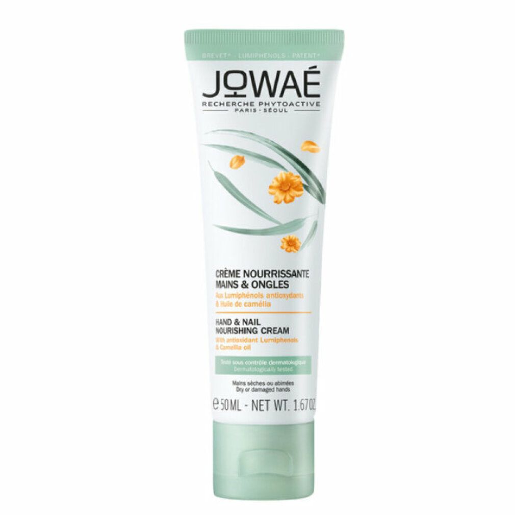 Creme-Tube mit grünem Deckel. Aufschrift: JOWAE, Crème Nourrissante Mains & Ongles. 50ml.