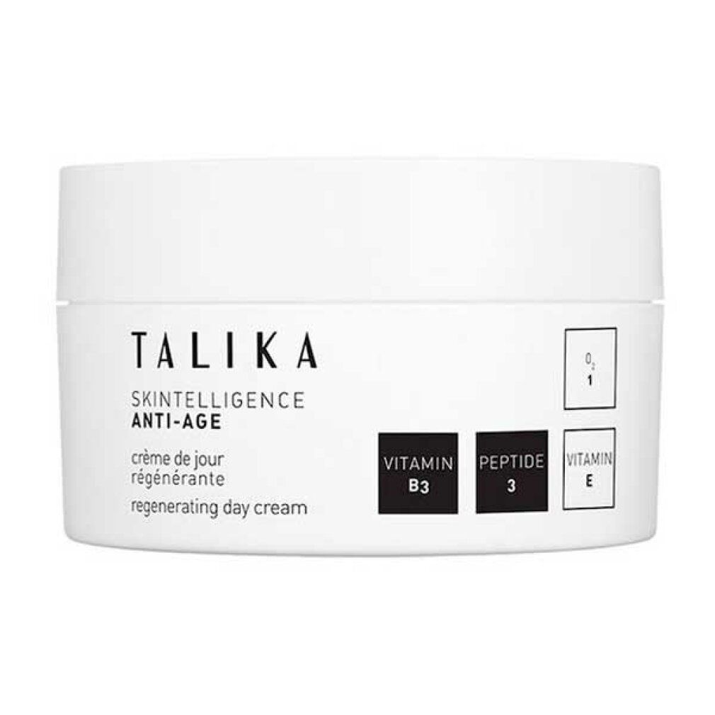 Weißer Tiegel mit Aufschrift TALIKA, SKINTELLIGENCE ANTI-AGE, Regenerating Day Cream. Enthält Vitamin B3, Peptid 3, Vitamin E.