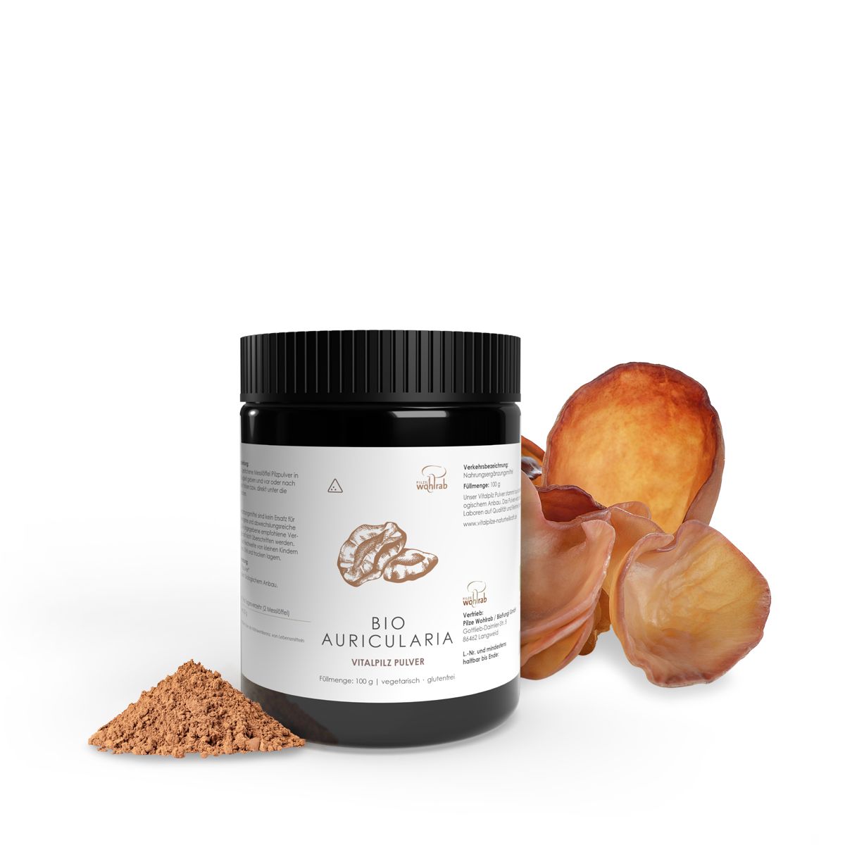 Schwarze Dose mit BIO Auricularia Vitalpilz Pulver. Daneben getrocknete Pilze und braunes Pulver. Aufschrift: BIO Auricularia.