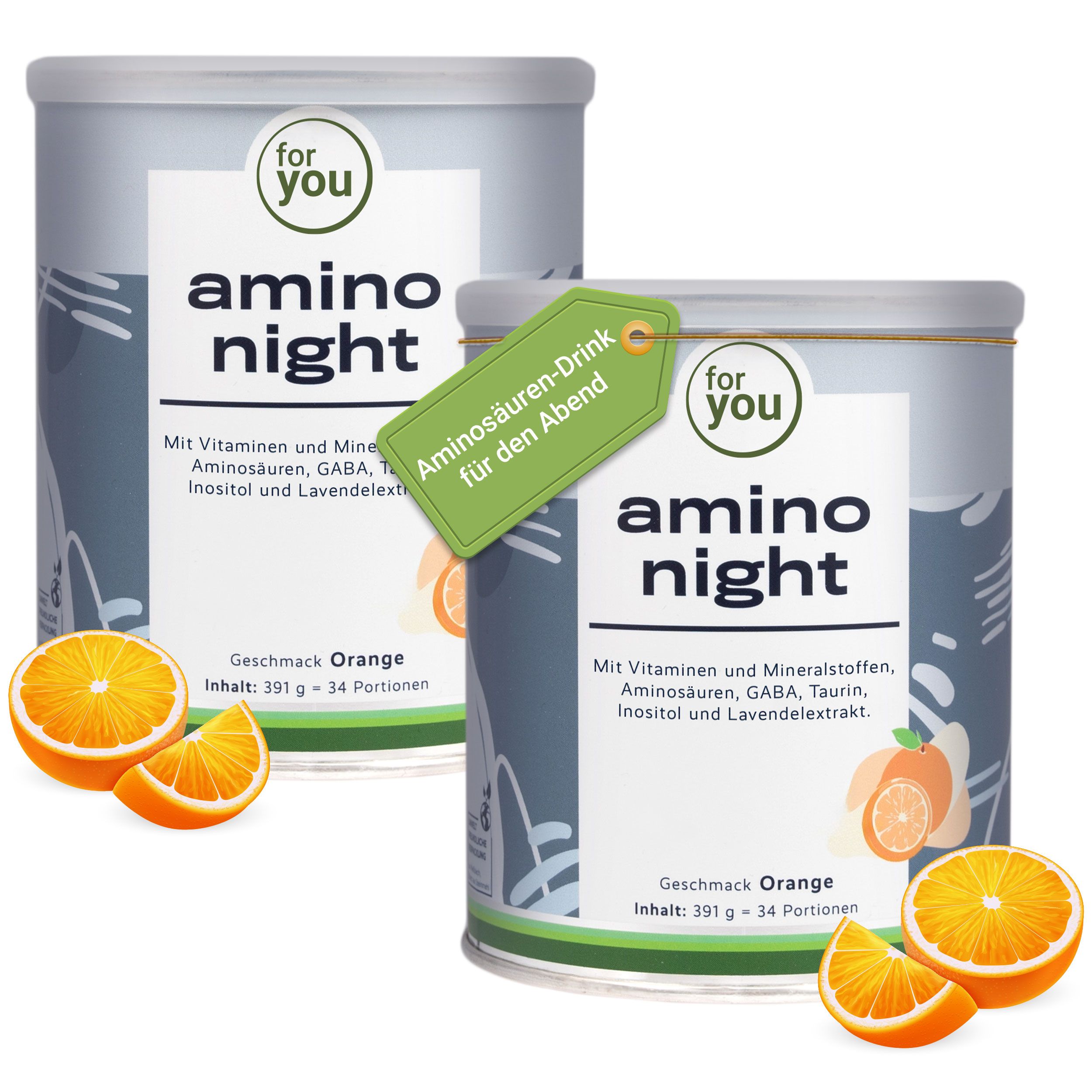Zwei Dosen "amino night" mit Orangenstücken. Eine Dose mit Anhänger "Aminosäuren-Drink für den Abend".