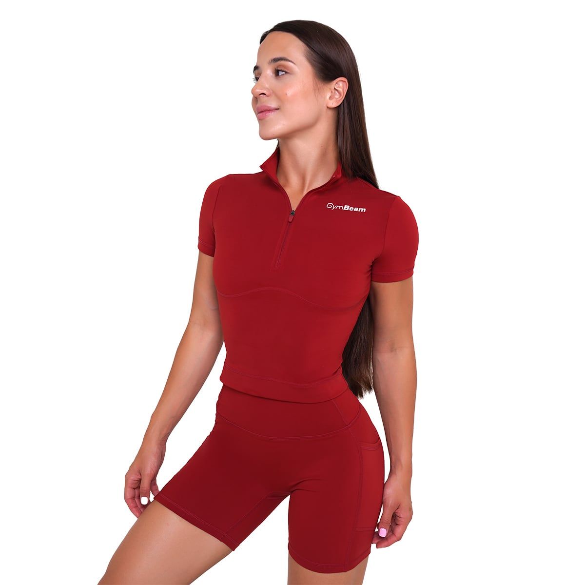 GymBeam Damen Cropped T-Shirt Ignite Slim mit Kragen Kurzarm Dunkelrot