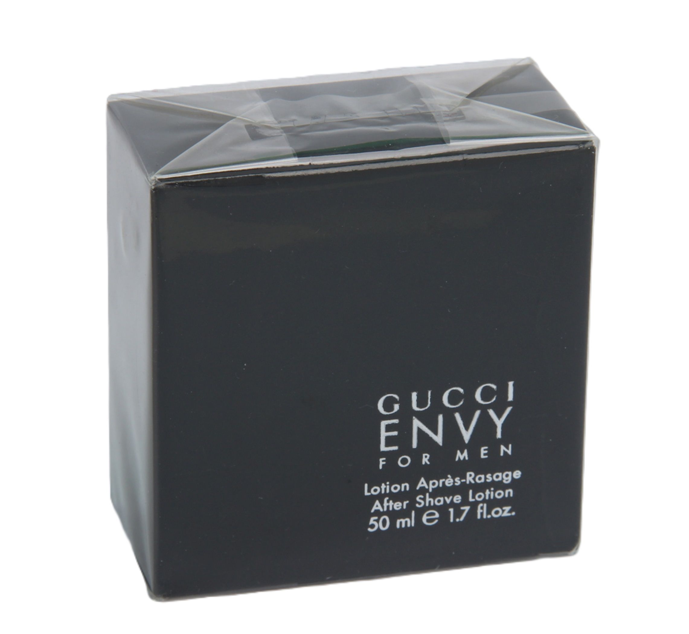 Schwarzer Karton mit durchsichtiger Folie. Aufschrift: GUCCI ENVY FOR MEN, Lotion Après-Rasage, After Shave Lotion. Volumen: 50 ml.