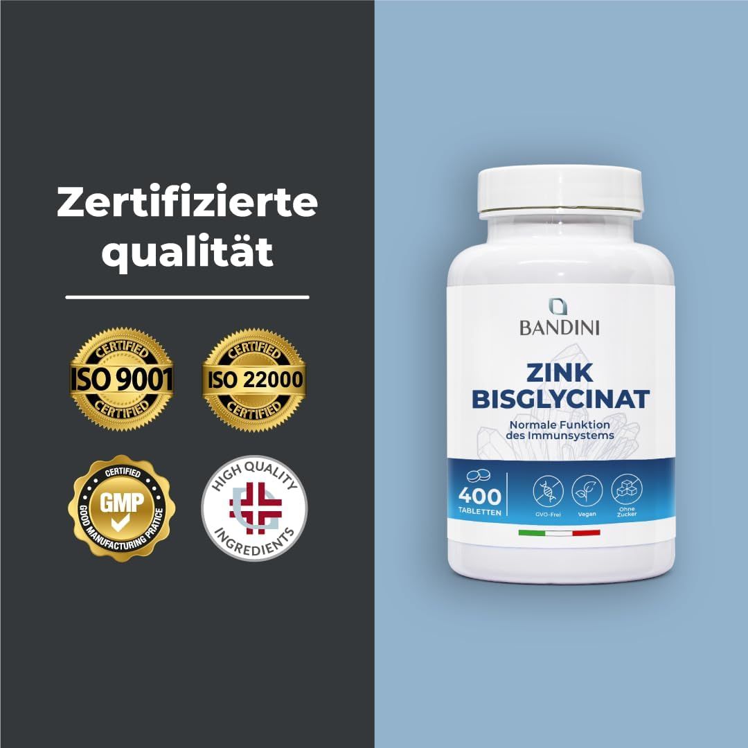 Weiße Flasche Bandini Zink-Bisglycinat Tabletten. Text: Zertifizierte Qualität. ISO 9001, ISO 22000, GMP, High Quality Ingredients.