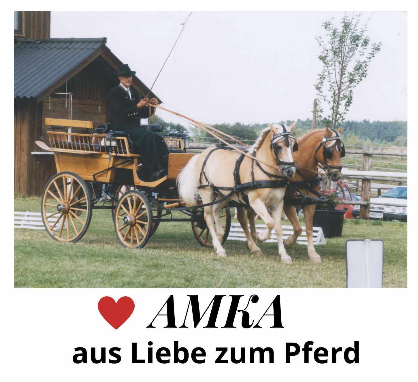 Zwei Pferde vor einer Kutsche. Aufschrift: AMKA aus Liebe zum Pferd.