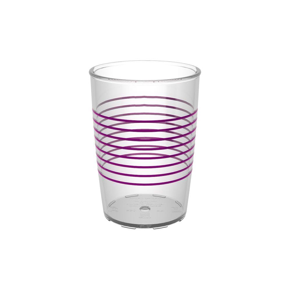 Transparenter Becher mit lila Ringen.