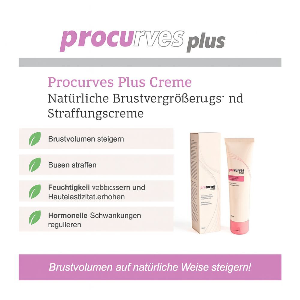Produktverpackung mit Tube und Schachtel. Aufschrift: Procurves Plus Creme. Brustvergrößerung.