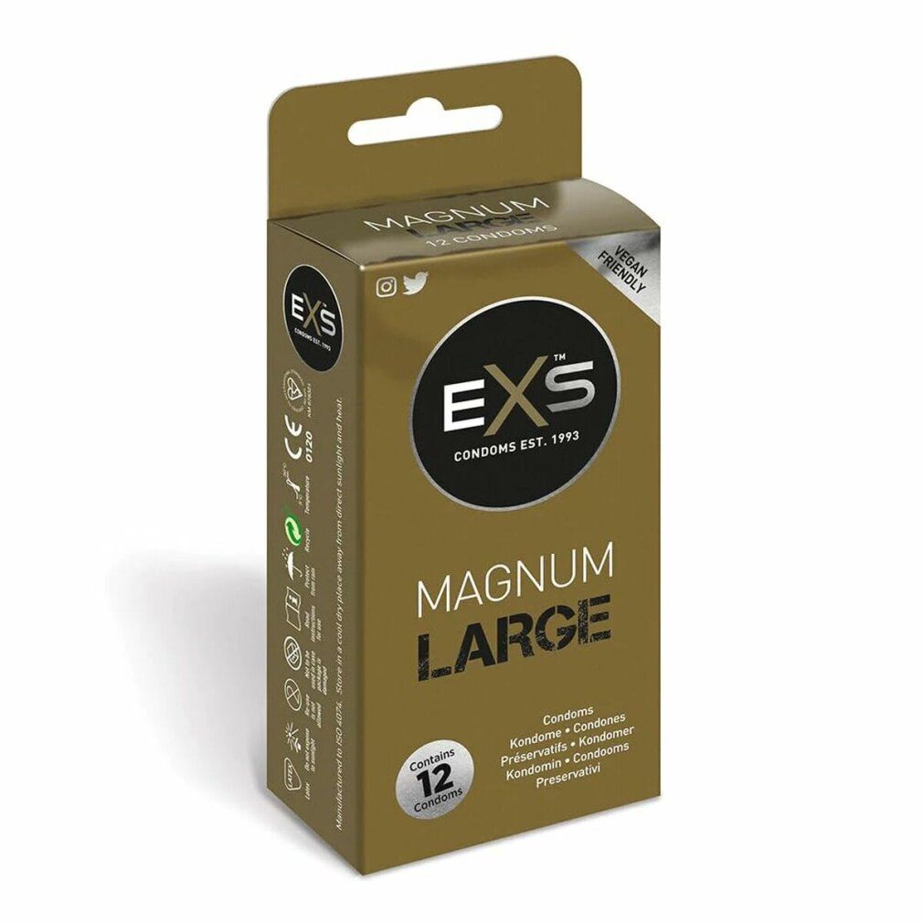 Verpackung EXS Magnum Large Kondome. 12 Kondome. Logo: EXS. Vegan Friendly.