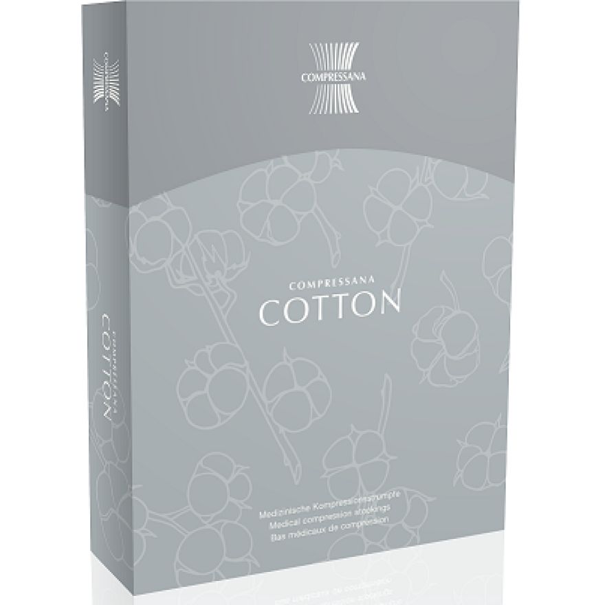 Graue Produktverpackung mit dem Logo 'Compressana' und dem Schriftzug 'Cotton'. Abbildung von Baumwollblüten.