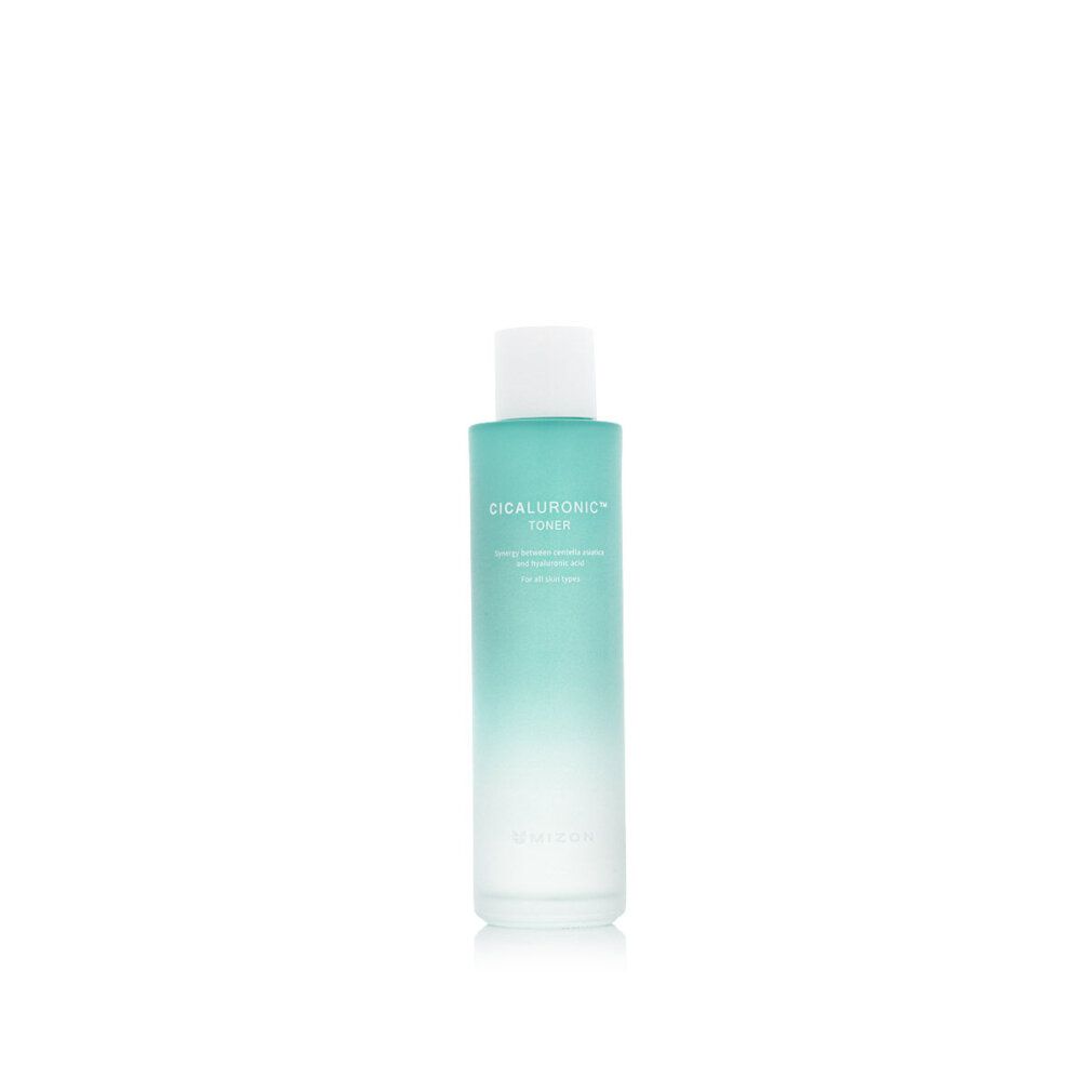 Zylindrische Flasche mit grünem Farbverlauf. Aufschrift: Cicaluronic Toner. Marke Mizon.