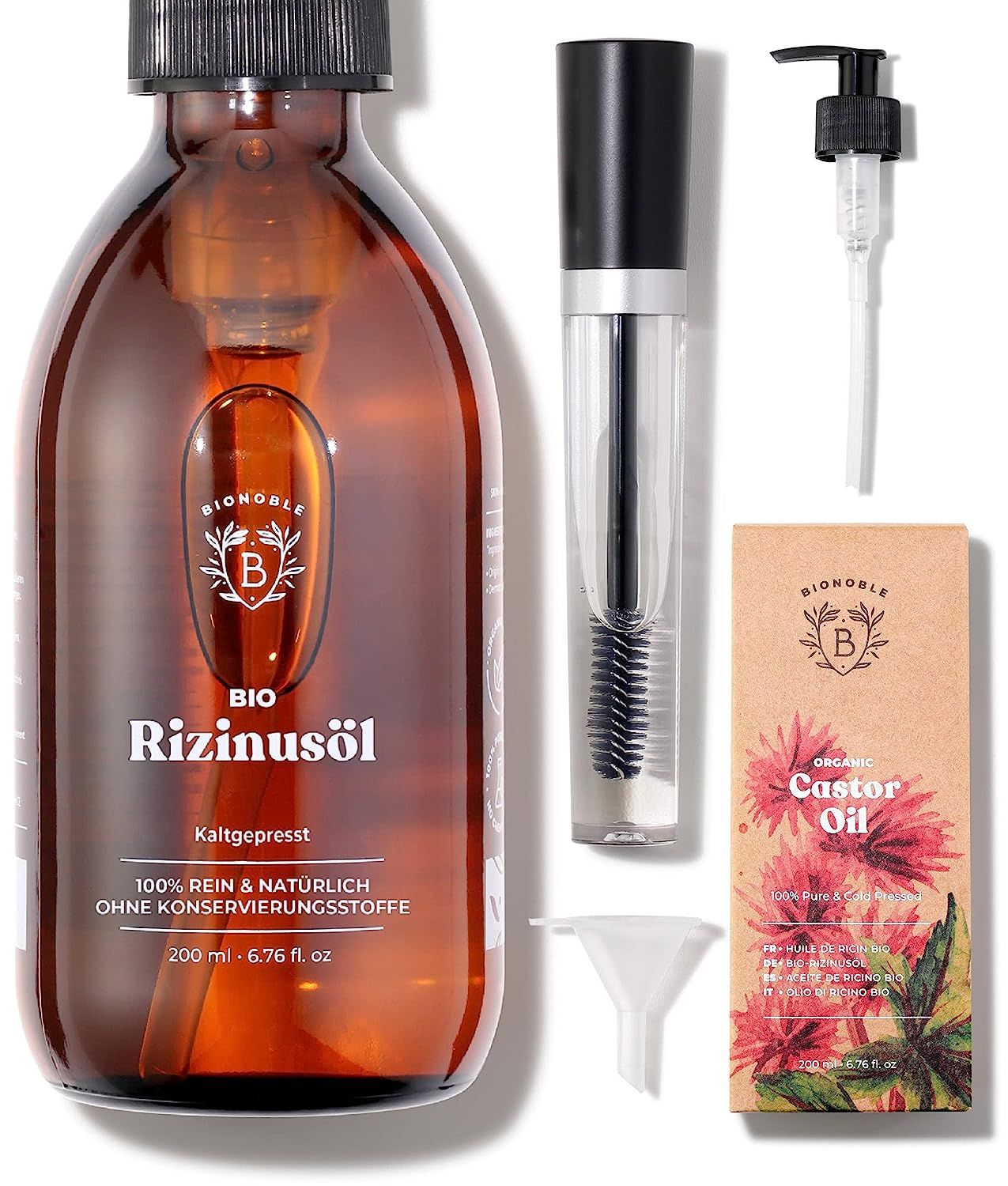 Flacone in vetro marrone con pompa, kit mascara, imbuto e scatola. Scritta: Olio di ricino, BIO, spremuto a freddo.