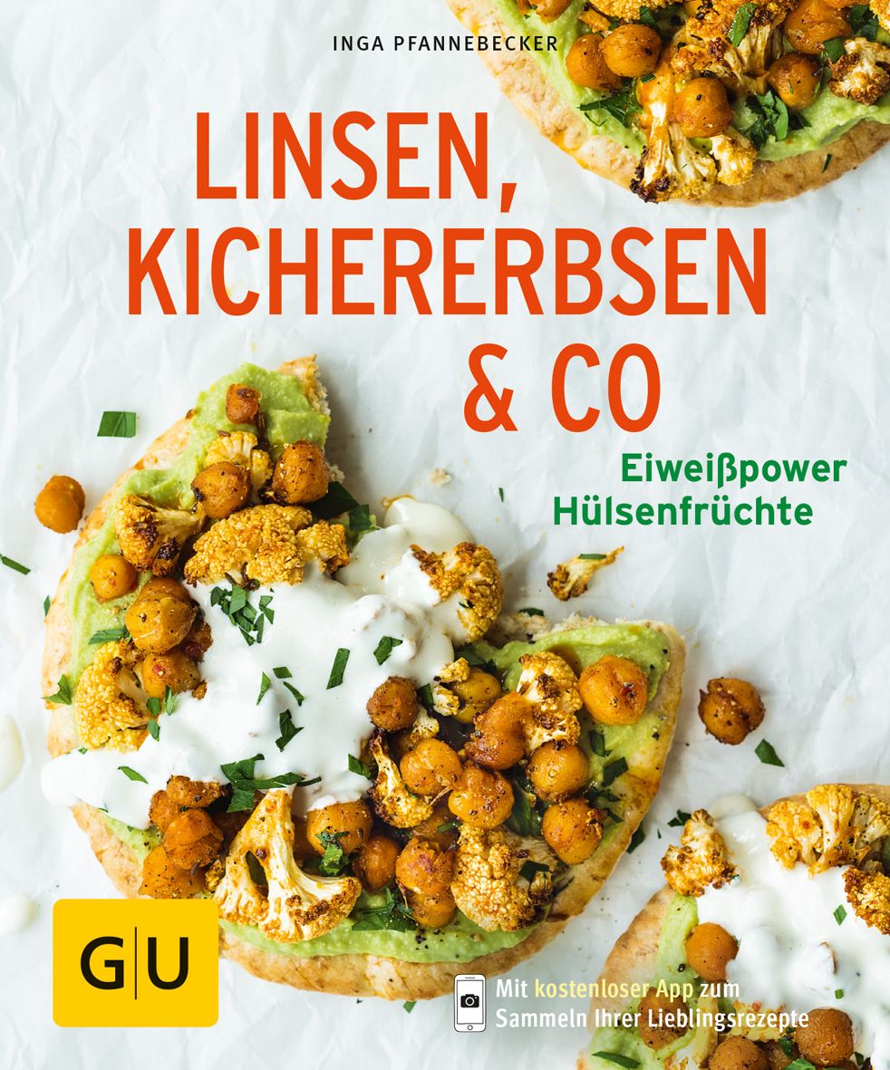 Kochbuch mit dem Titel "Linsen, Kichererbsen & Co". Auf dem Cover sind Speisen mit Kichererbsen und Blumenkohl abgebildet. GU-Logo.