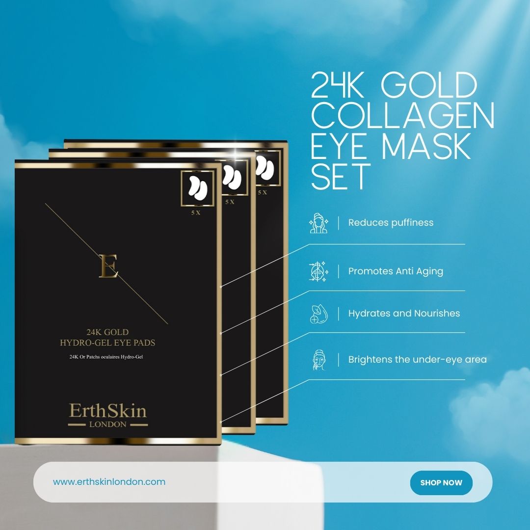 Drei schwarze Schachteln mit goldfarbenem Rand. Auf den Schachteln steht "24K GOLD COLLAGEN EYE MASK SET" und "ErthSkin London".