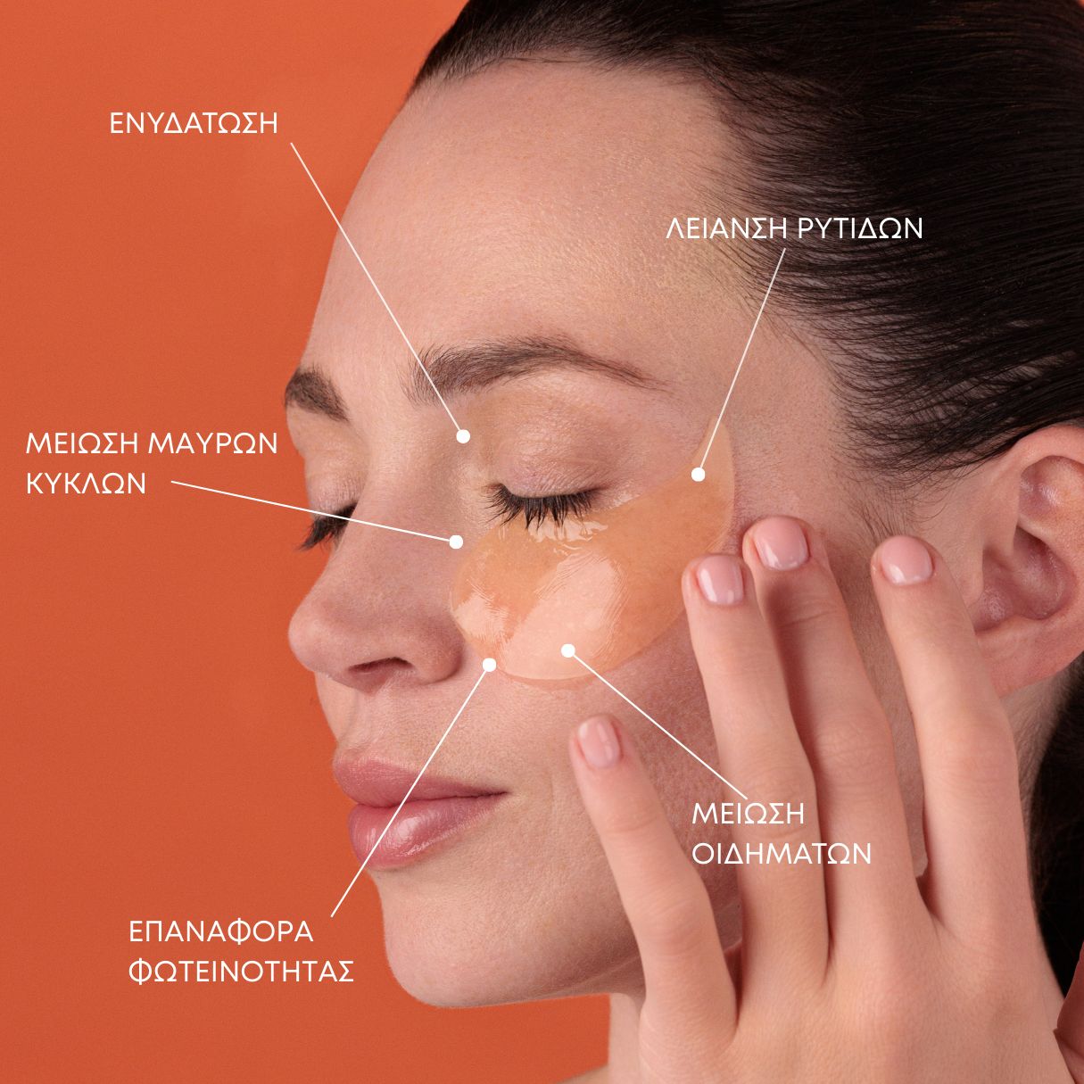 Gesicht einer Frau mit Augen-Gel-Pads. Beschriftungen: Feuchtigkeit, Faltenreduzierung, dunkle Augenringe, Schwellungsreduzierung, Ausstrahlung.