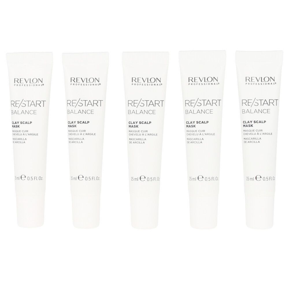 Fünf Tuben. Aufschrift: Revlon Professional, Re/Start Balance Clay Scalp Mask. 15 ml.