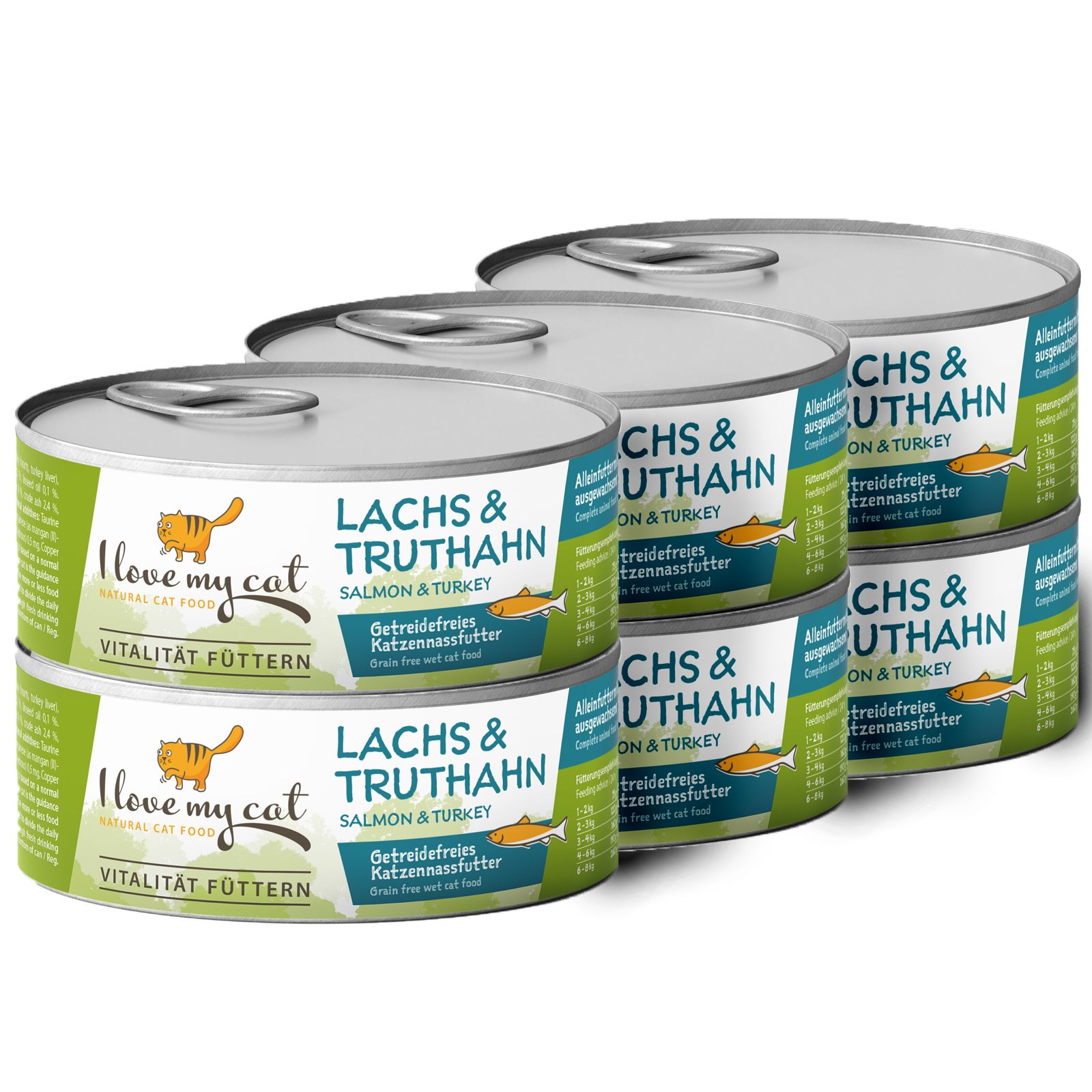 Mehrere Dosen Katzenfutter mit Lachs und Truthahn. Aufschrift: I love my cat, Vitalität Füttern.