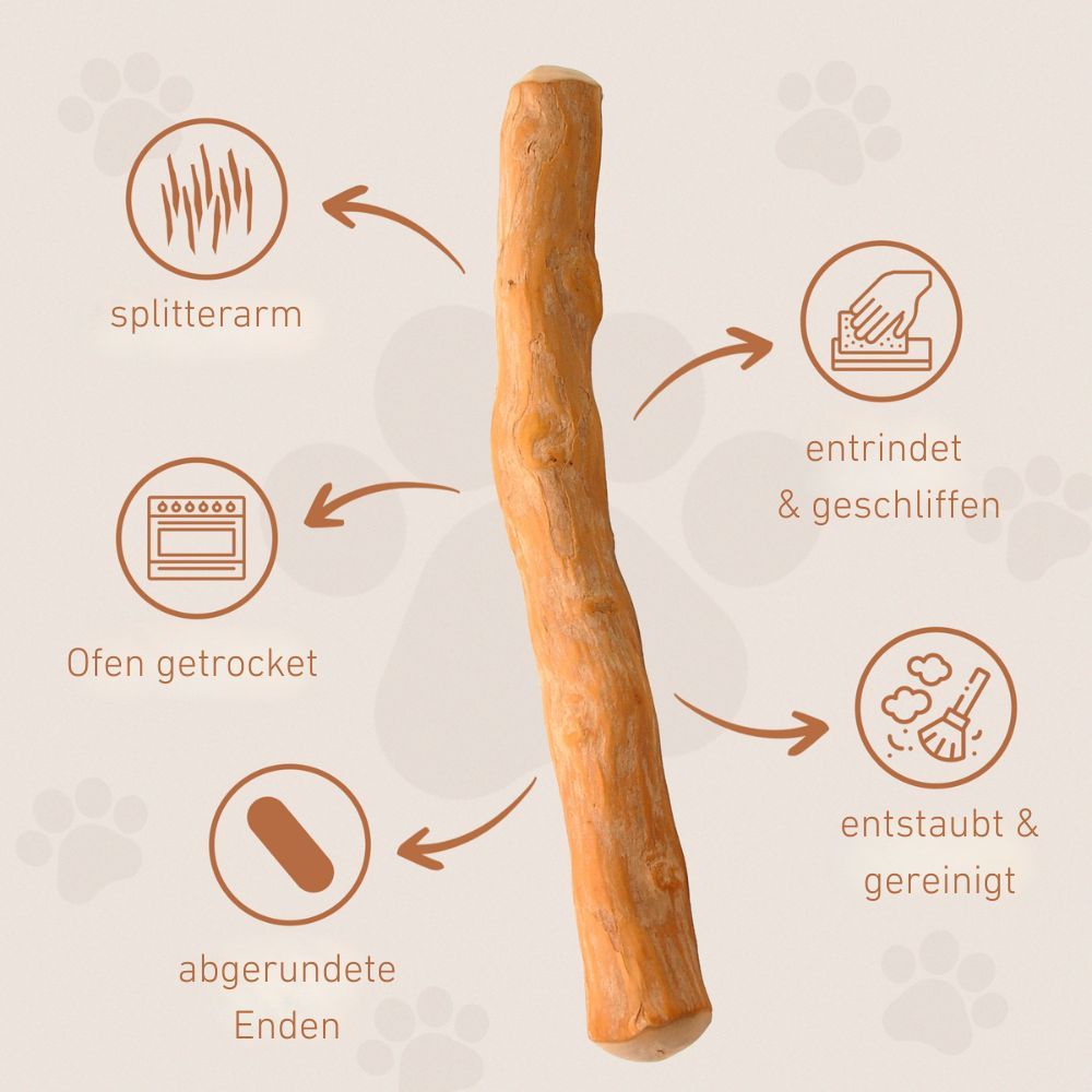 Kaffeeholz-Kaustab. Icons: splitterarm, entrindet & geschliffen, Ofen getrocknet, abgerundete Enden, entstaubt & gereinigt.