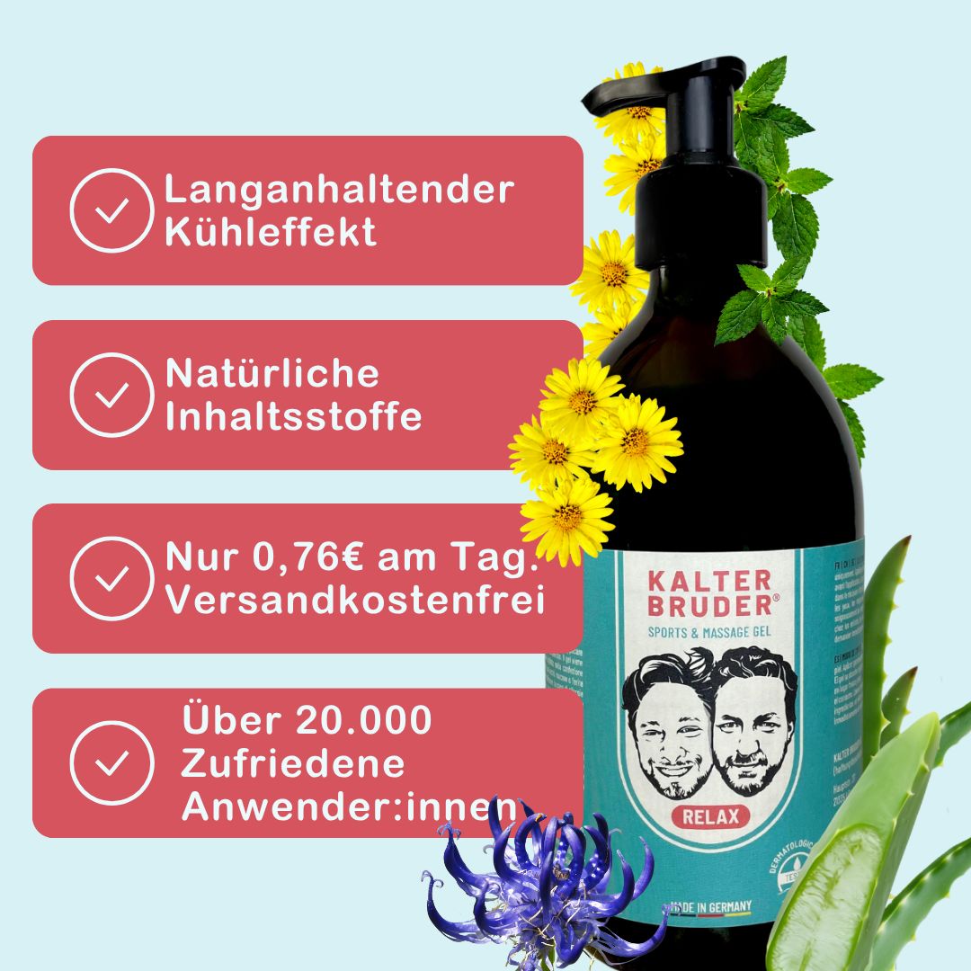 Braune Flasche Kalter Bruder Sport & Massage Gel. Gelb-rote Textfelder mit Inhaltsstoffen und Versandinformationen. Aloe Vera und Blumen.