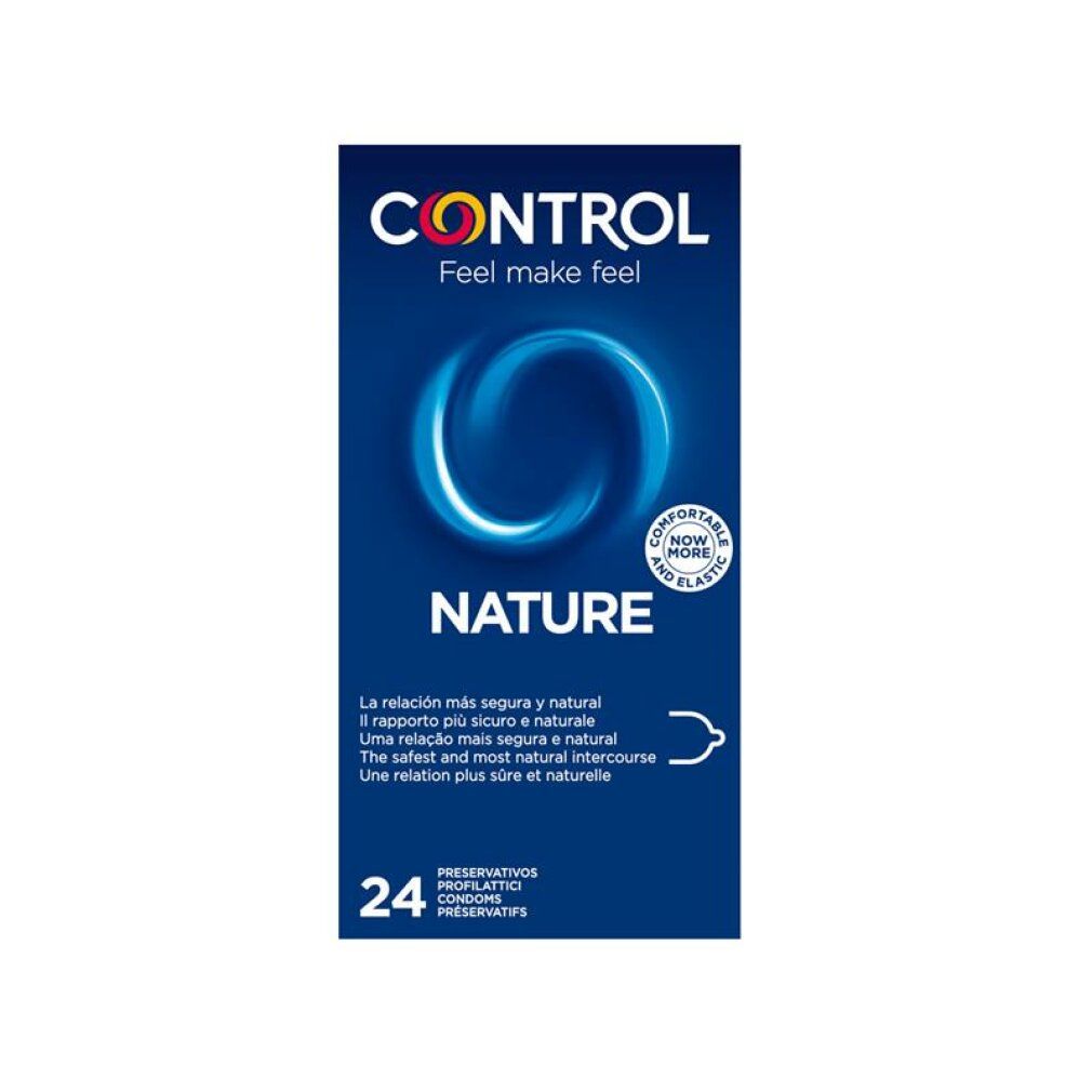 Control Nature Kondom-Packung, 24 Stück. Blaue Box mit Logo, Kreis-Design und Text 'COMFORTABLE NOW MORE AND ELASTIC'.