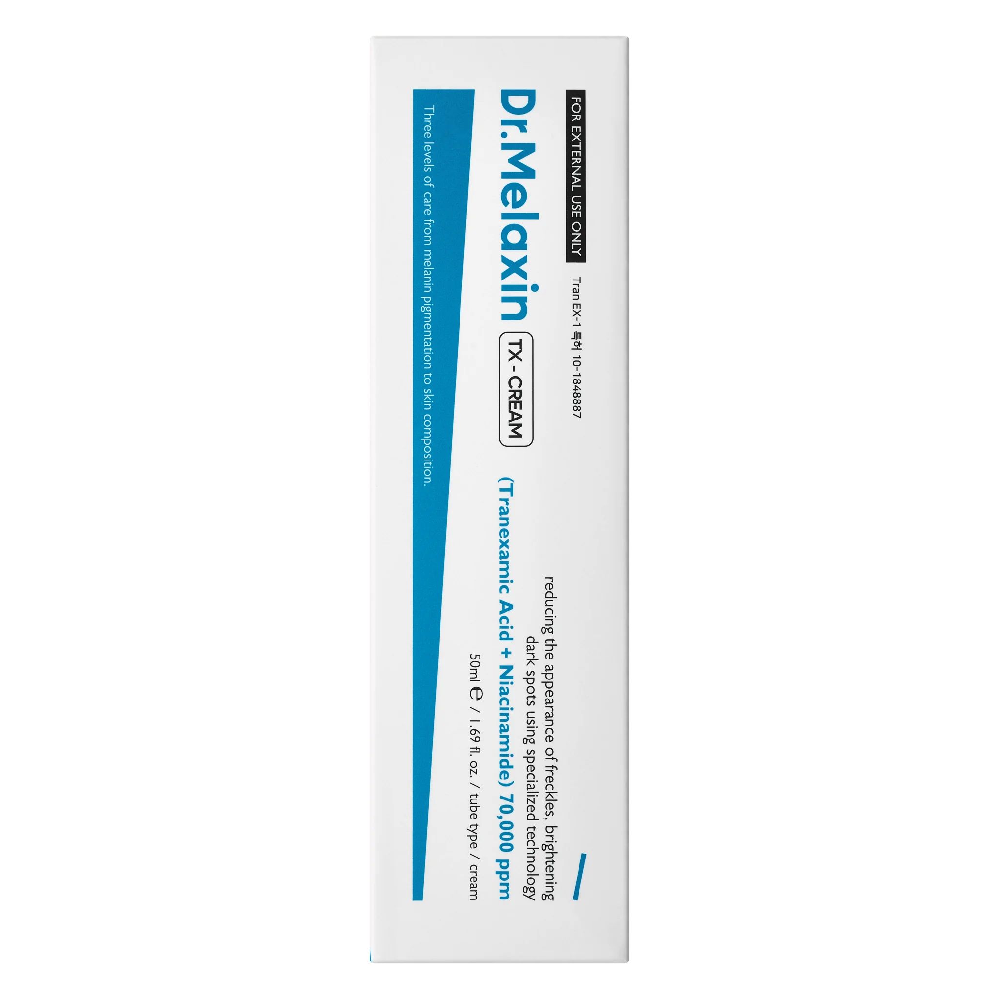 Weiße Verpackung mit blauer Beschriftung. Aufschrift: Dr.Melaxin TX-CREAM. Enthält Tranexamsäure und Niacinamid.