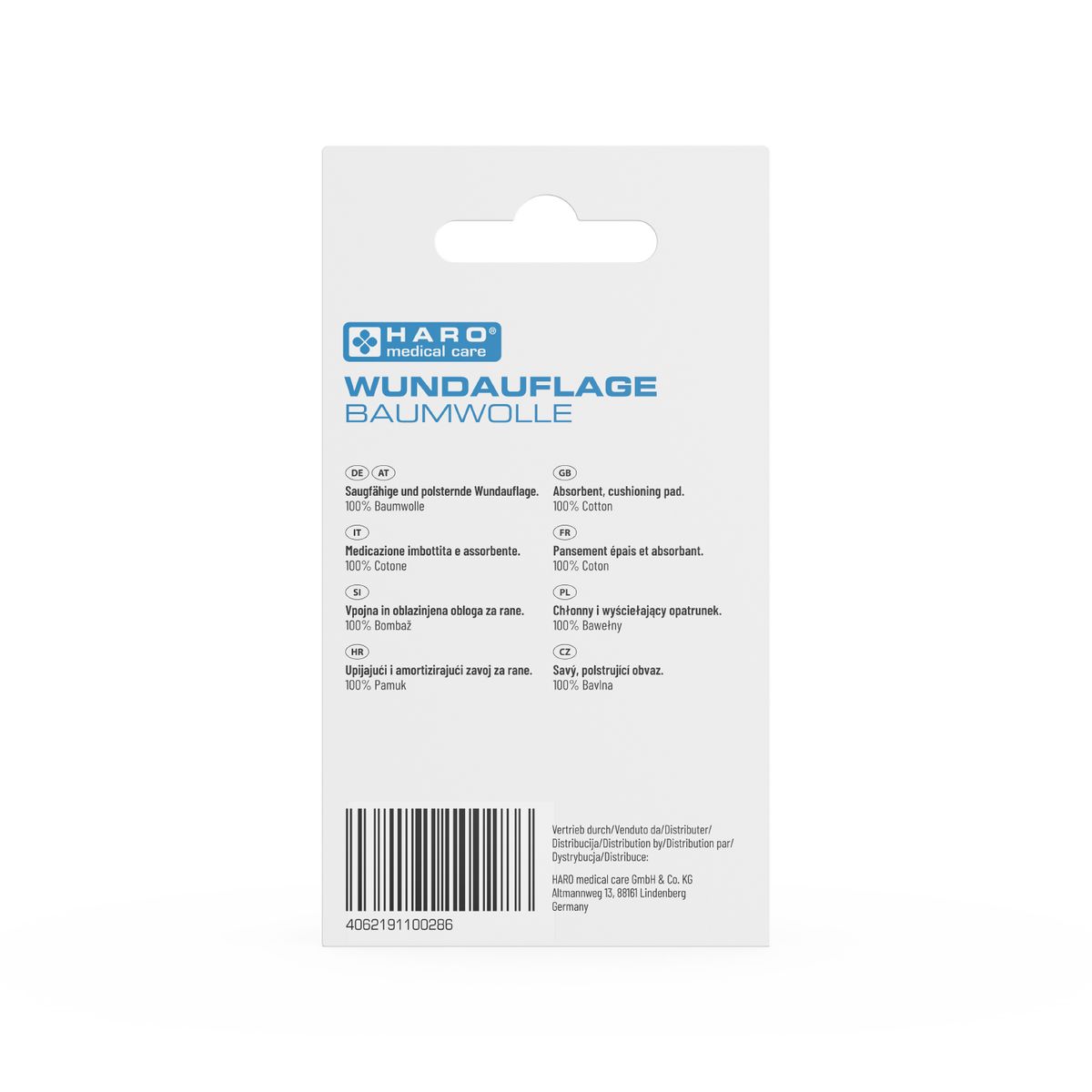 Rückseite der Verpackung Haro Wundauflage Baumwolle. Text, Barcode, Zertifizierungen. 100% Baumwolle.