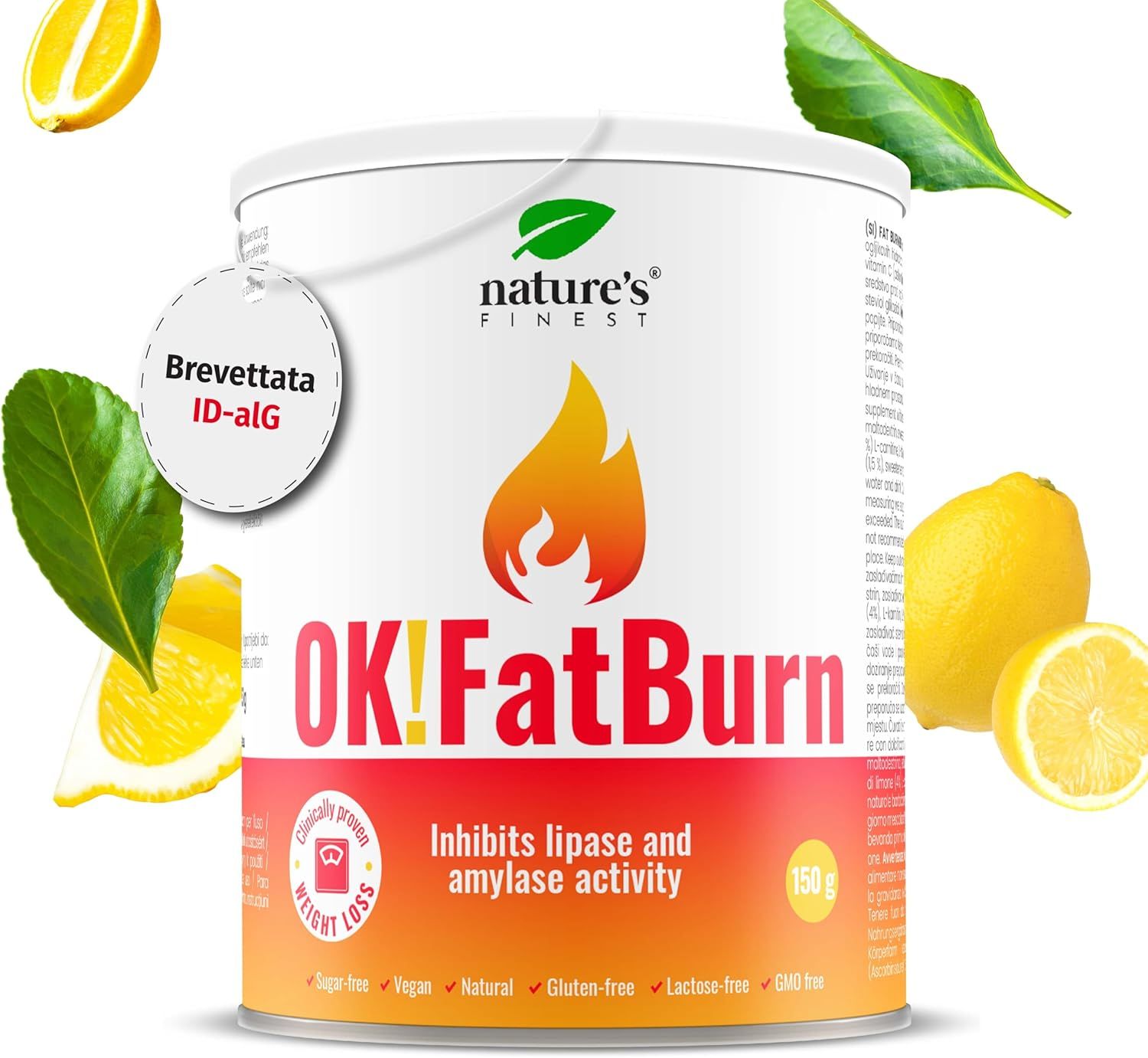 Zylinderdose mit OK!FatBurn. Aufschrift: Nature's Finest. Mit Zitrone und Blättern. Brevettata ID-alg.