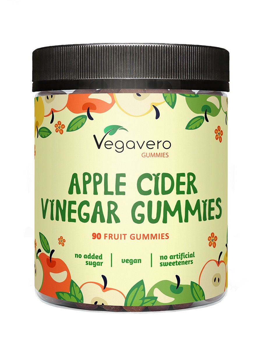 Runde Dose mit VEGAVERO Apple Cider Vinegar Gummies. Aufschrift: Apple Cider Vinegar Gummies, 90 Fruit Gummies, vegan.
