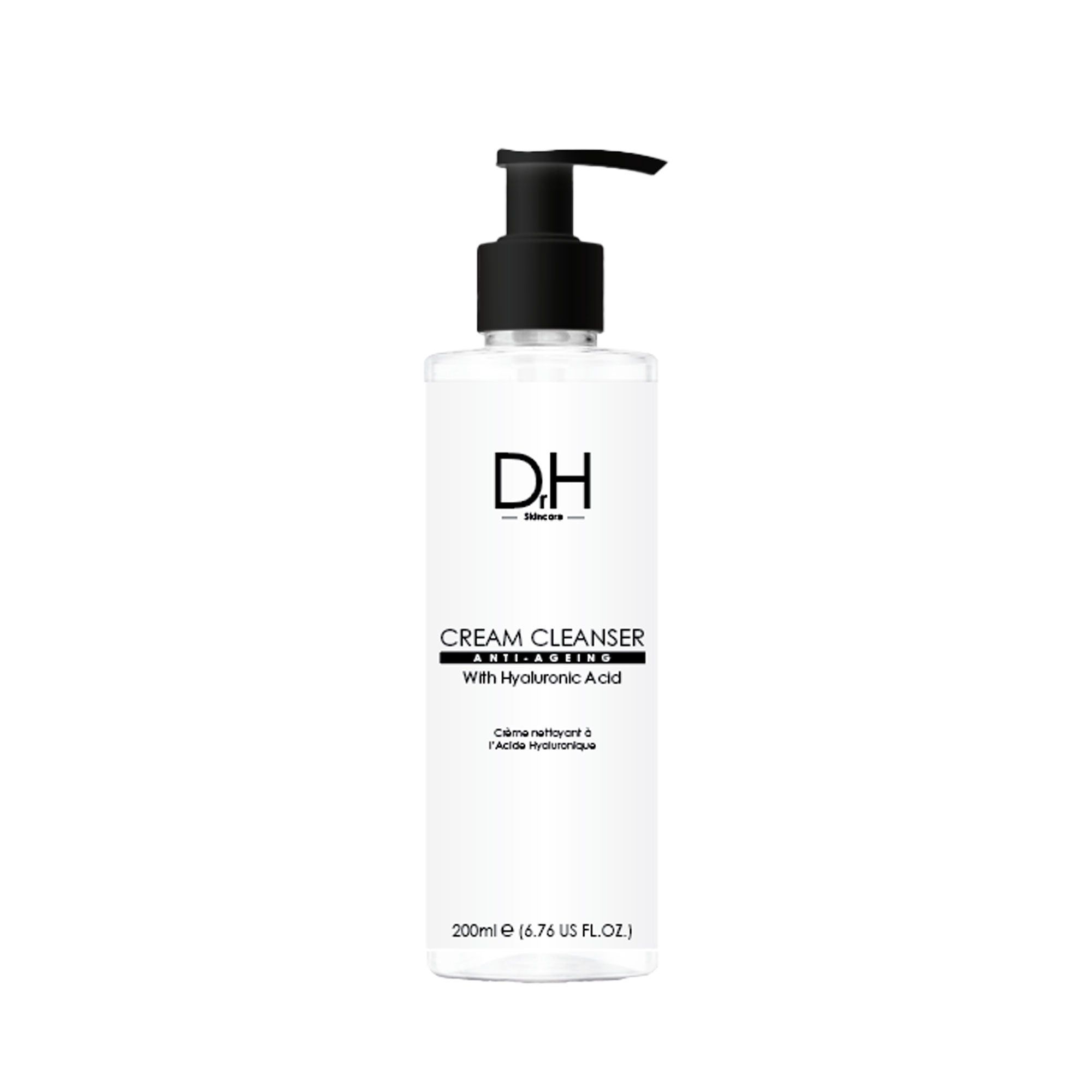 Eine Flasche Dr. H Cream Cleanser mit schwarzer Pumpe. Aufschrift: Anti-Aging, Hyaluronsäure. Transparente Flasche mit weißer Schrift.