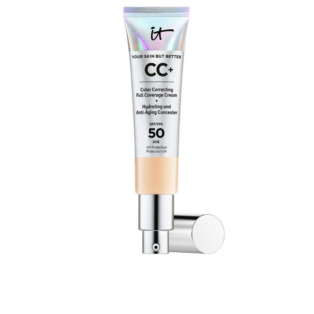 It Cosmetics CC+ Creme mit SPF 50. Silberne Tube mit Pumpe. Text: Your Skin But Better, Color Correcting Full Coverage Cream.