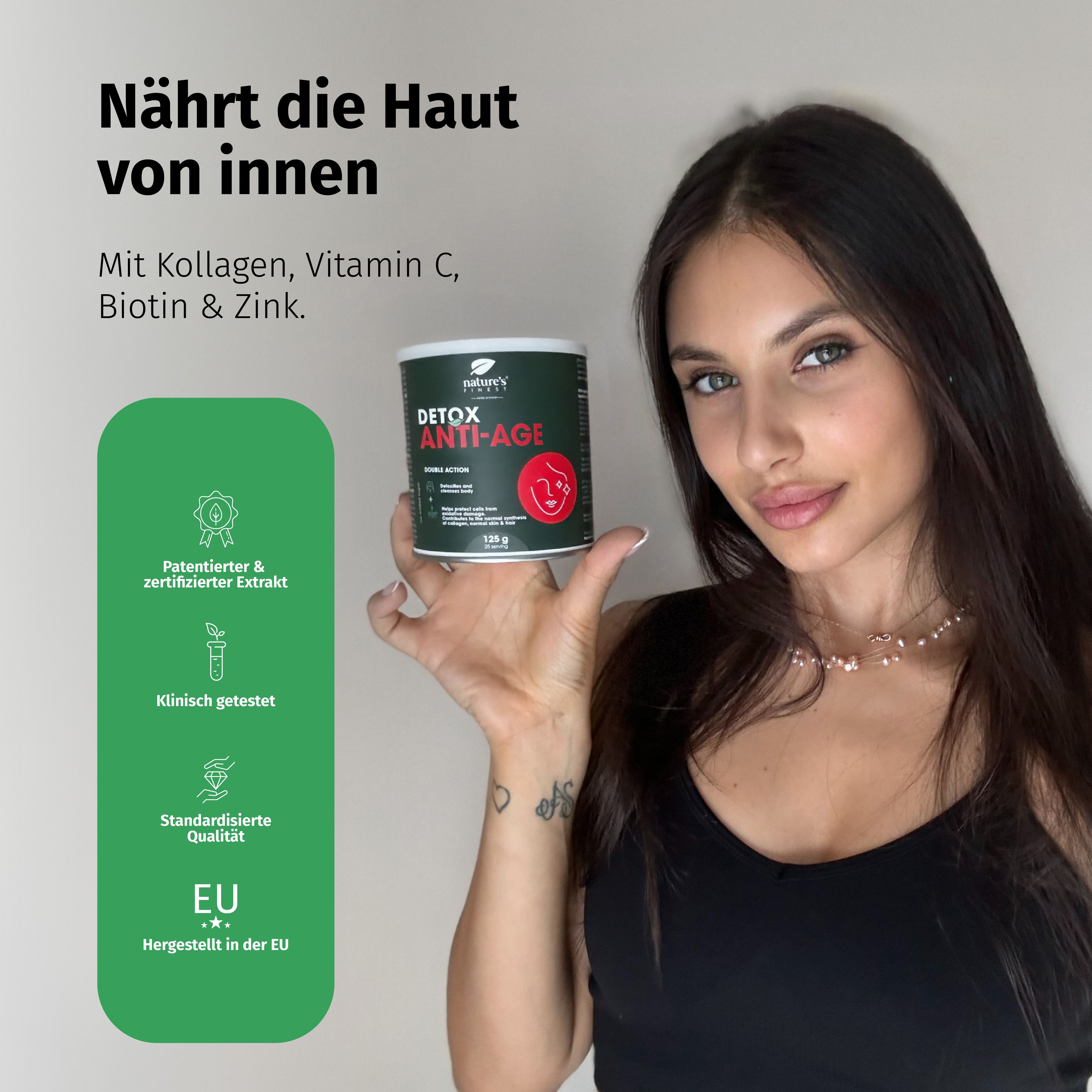 Frau hält Dose Nature's Finest Detox Anti-Age, mit Siegeln für "Potentierter Extrakt", "Klinisch getestet" und "EU hergestellt".