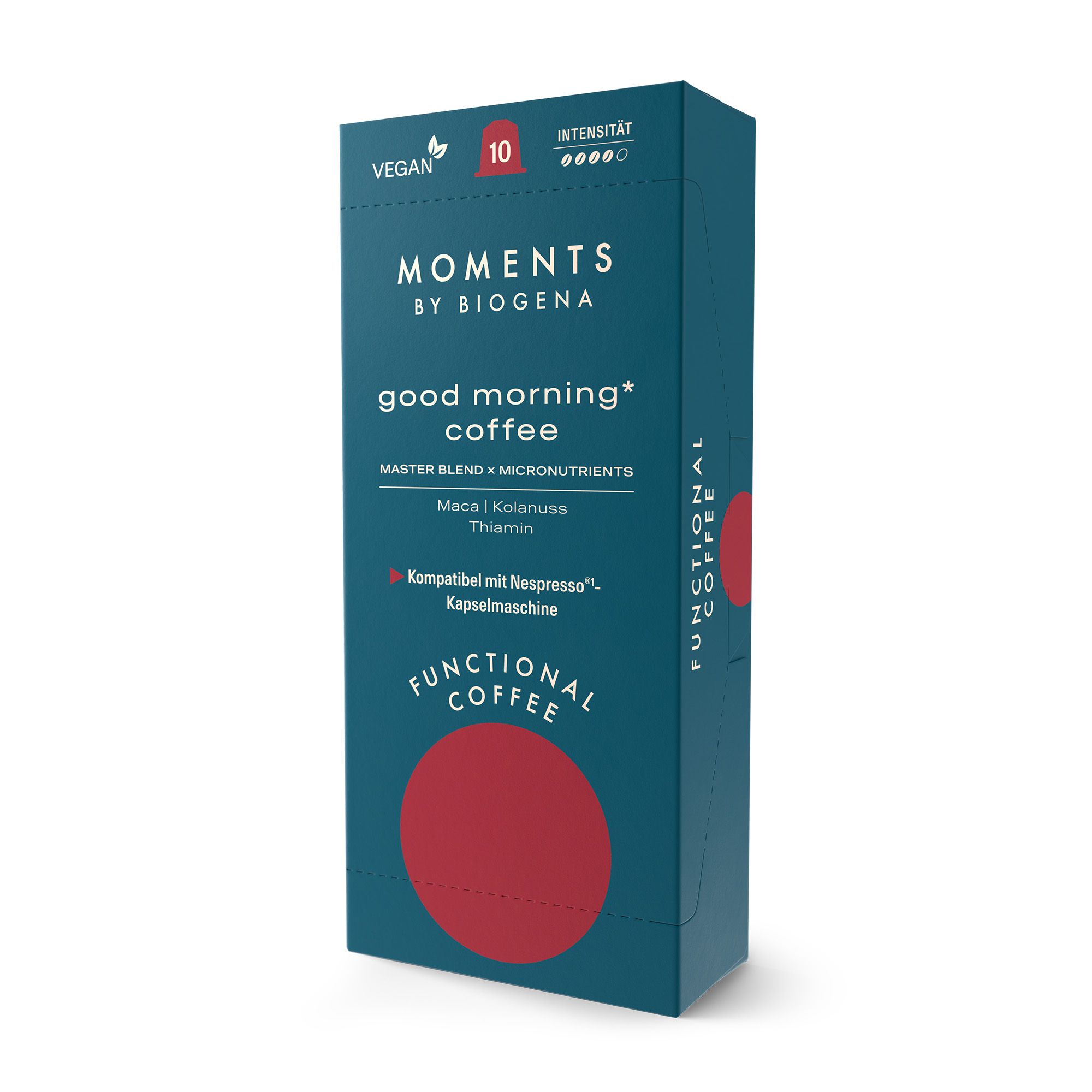 Blaue Verpackung von Moments by BIOGENA good morning* coffee. Enthält 10 Kapseln. Vegan. Mit Maca, Kolanuss und Thiamin.