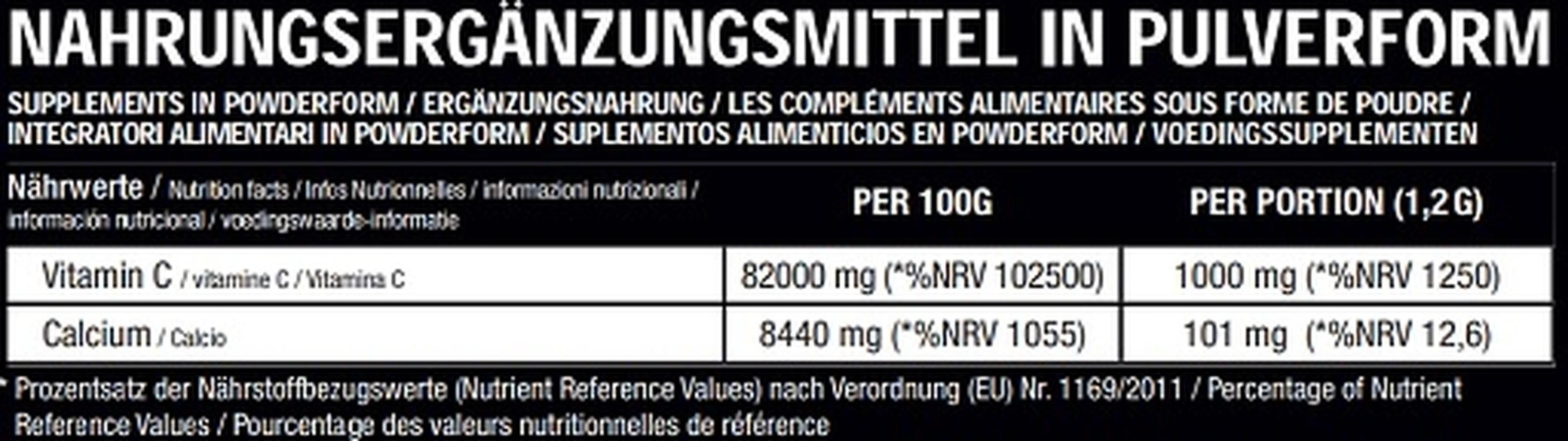 Nahrungsergänzungsmittel in Pulverform. Tabelle mit Nährwertangaben pro 100g und pro Portion (1,2g). Enthält Vitamin C und Calcium.