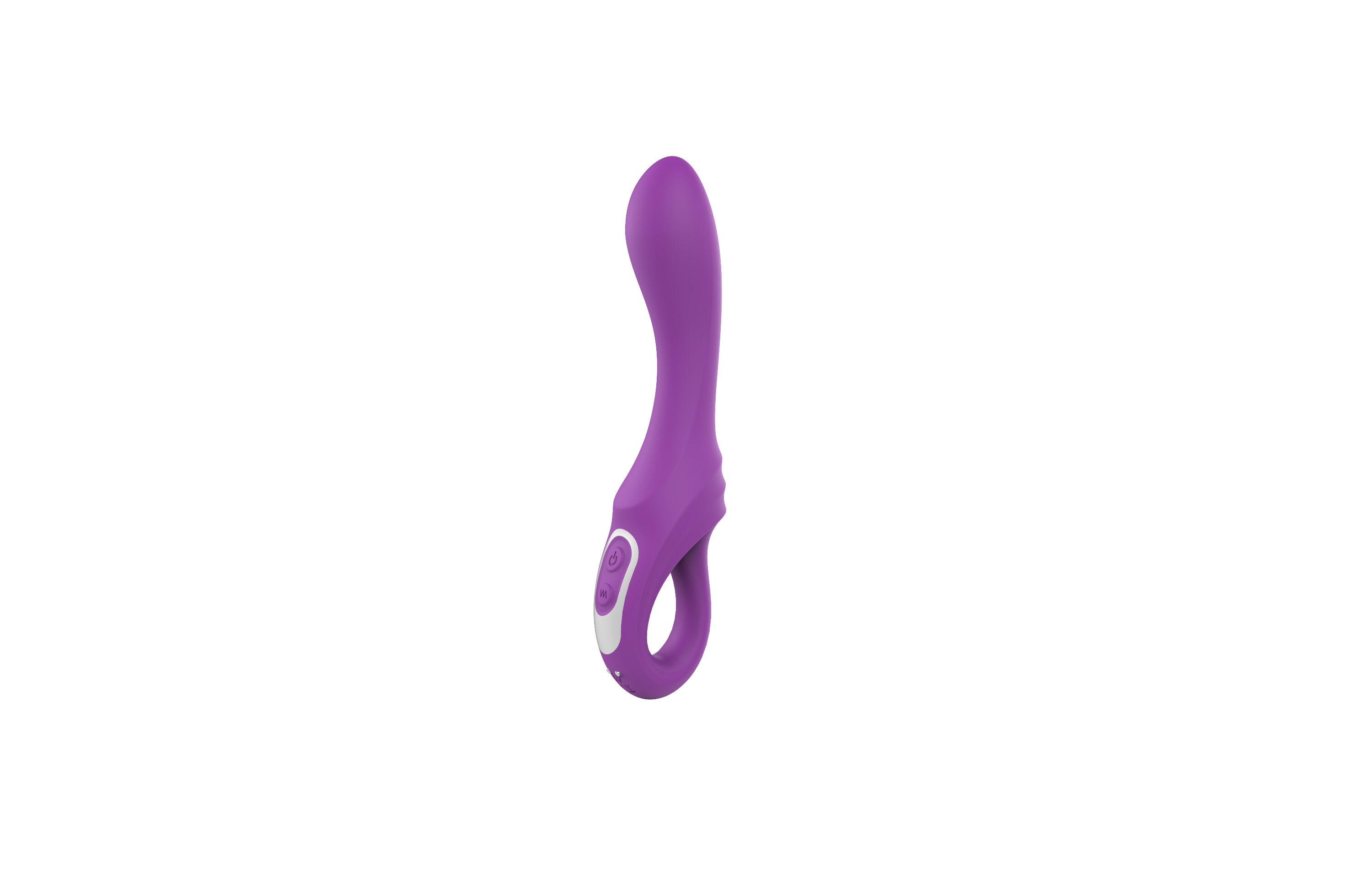 Lila Vibrator mit Ring. Zwei Knöpfe und silberne Akzente. Auf weißem Hintergrund.
