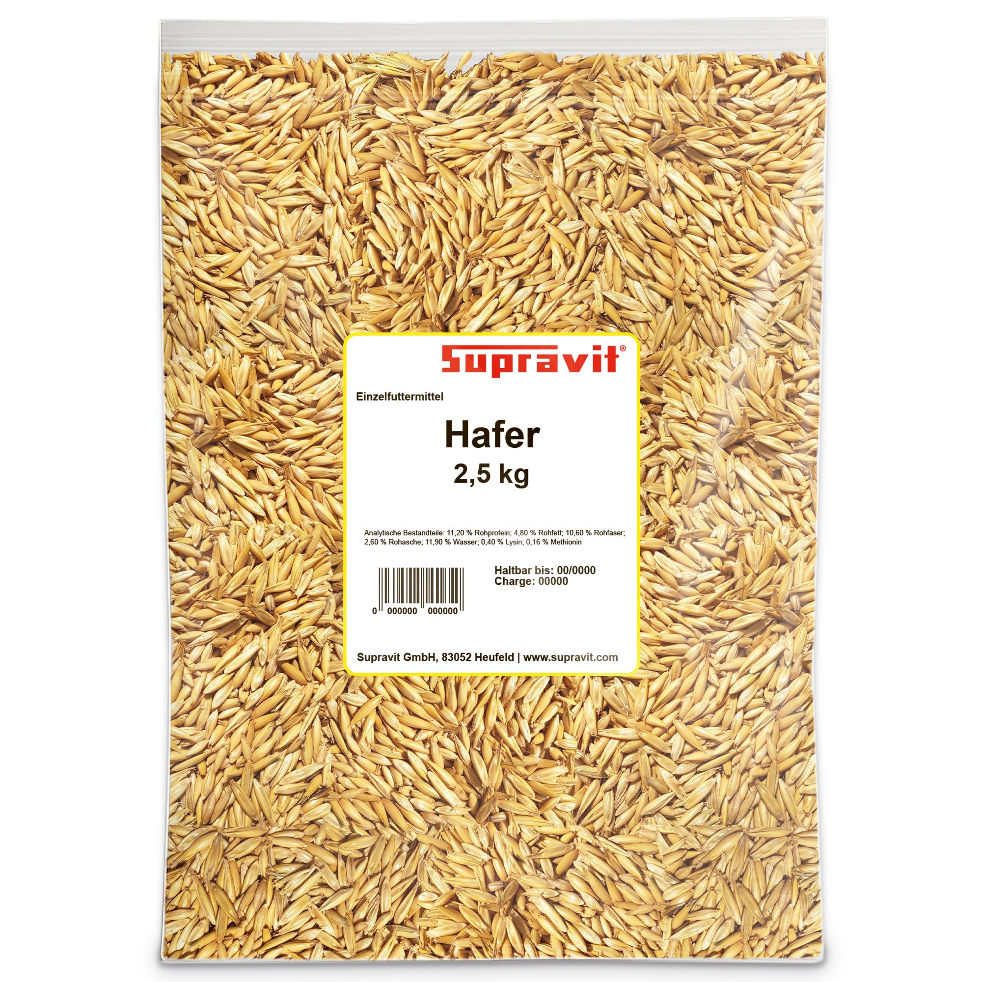 Transparenter Beutel mit Supravit Hafer. Text: Hafer 2,5 kg. Nährwertangaben und Chargennummer.