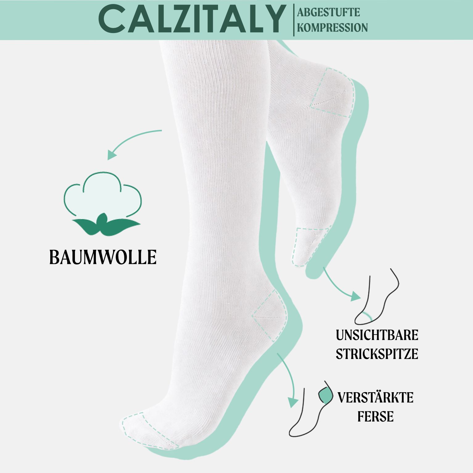 CALZITALY Unisex Kniestrümpfe aus Baumwolle Abgestufter Kompression 14-16 mm/Hg Made in Italy