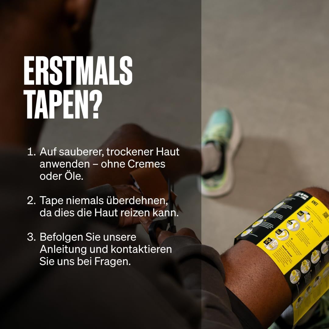 Anleitung zum Anlegen von Kinesiologie-Tape, braun, mit Text 'Erstmals Tapen?'.