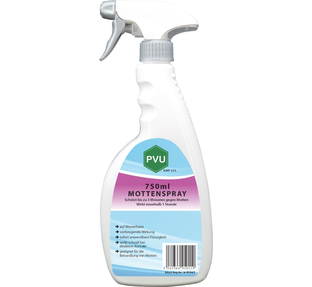 Weiße Sprühflasche mit grauem Sprühkopf. Aufschrift "PVU Mottenspray". Blaue und weiße Etikett mit Text. Enthält 750ml.
