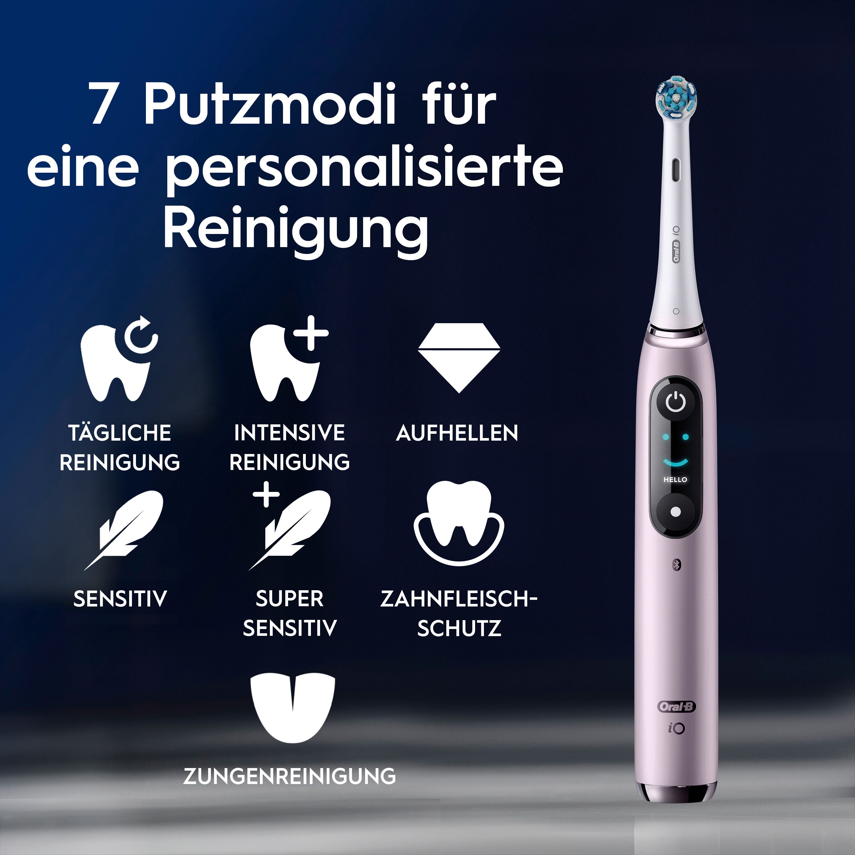 Zahnbürste mit 7 Putzmodi. Symbole für tägliche Reinigung, intensive Reinigung, Aufhellen, Sensitiv, Super Sensitiv, Zahnfleischschutz, Zungenreinigung.