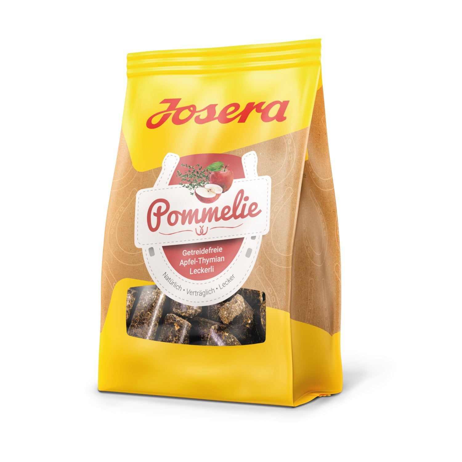 Gelb-braune Verpackung mit Sichtfenster. Aufdruck: Josera, Pommelie, Apfel-Thymian Leckerli. Produkt sichtbar.