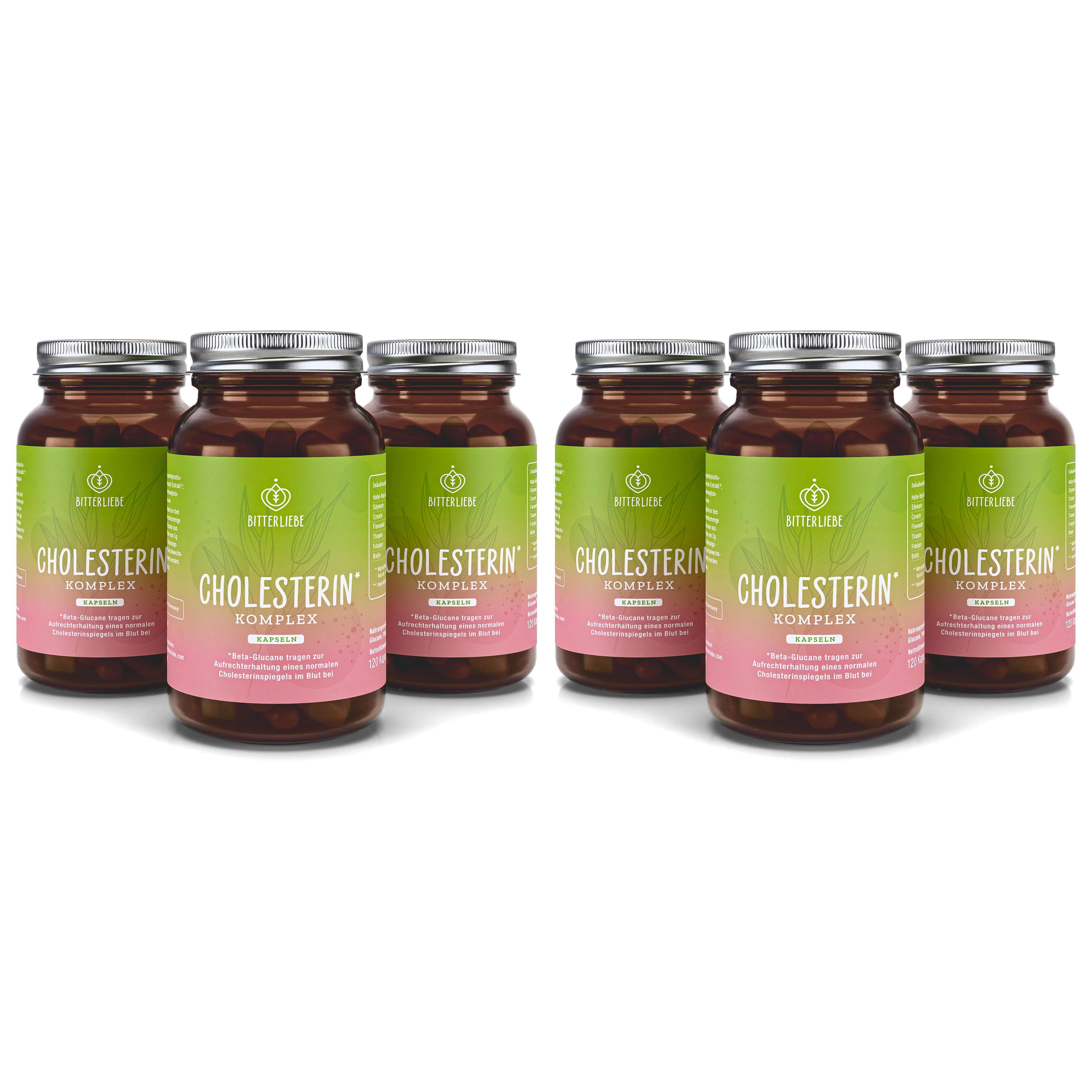Sechs braune Glasflaschen mit BitterLiebe Cholesterin Komplex Kapseln. Rosa Etikett.