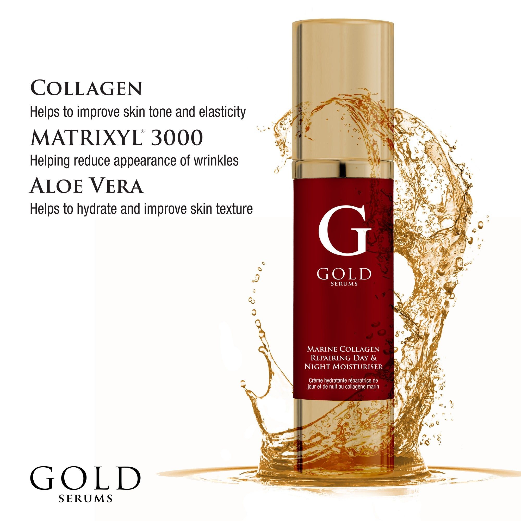 Gold Serums Marine Kollagen Tages- und Nachtfeuchtigkeitspflege. Rote und goldene Flasche. Text: Kollagen, Matrixyl 3000, Aloe Vera.
