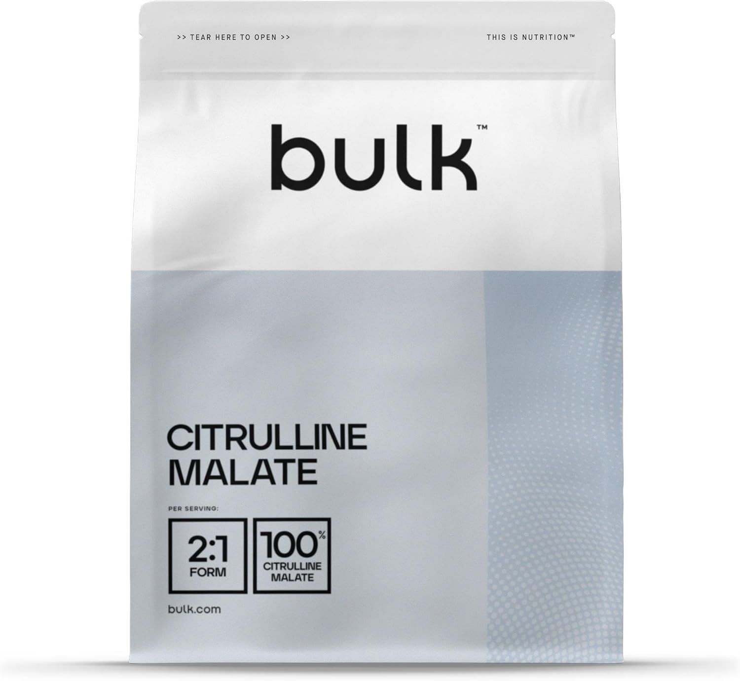 Weißer Beutel mit "bulk"-Logo und "Citrulline Malate"-Schriftzug. Enthält 2:1 Form und 100% Citrulline Malate.