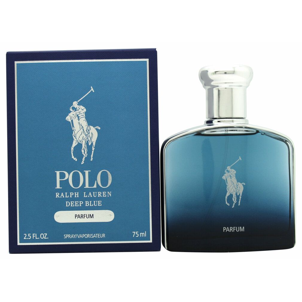 Blaues Parfumflakon und Verpackung. Logo mit Reiter auf Pferd. Schriftzug: Polo Deep Blue Parfum. Volumen: 2.5 FL. OZ. / 75 ml.