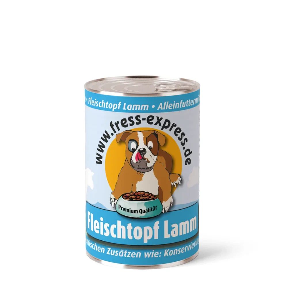 Fress-express Fleischtopf Lamm Hundefutter Dose. Abbildung eines Hundes mit Futter. Text: Fleischtopf Lamm, Alleinfuttermittel.