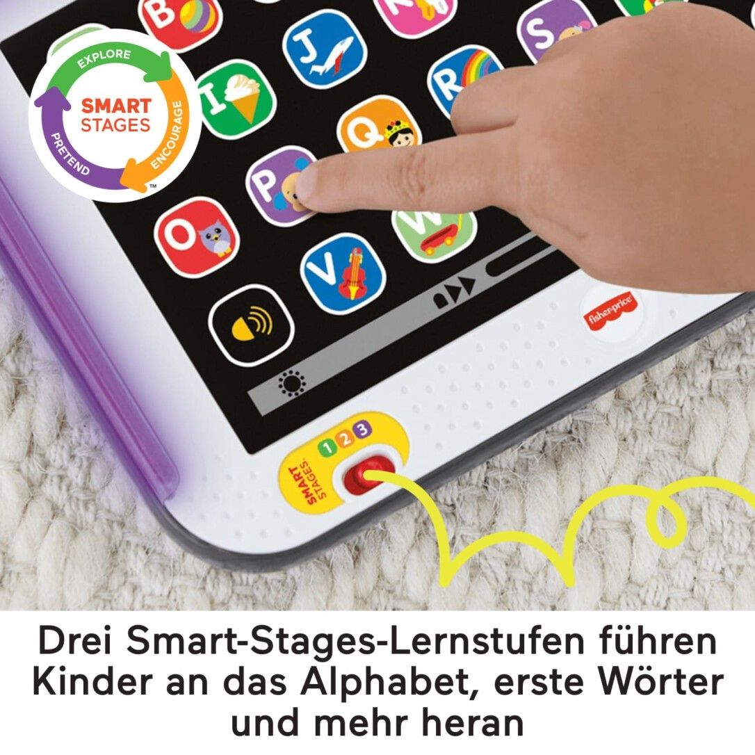 Tablet mit farbigen Buchstaben und Symbolen. Finger berührt Taste P. Gelbe Taste mit Zahlen 123. Text: Smart-Stages-Lernstufen.