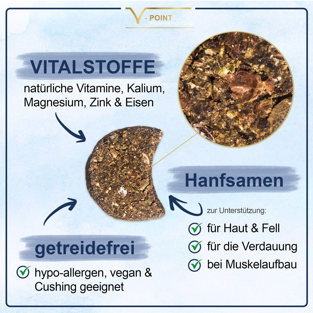 Nahaufnahme eines Hundefutter-Snacks mit Hanfsamen. Text: 'Hanfsamen', 'getreidefrei', 'Vitalstoffe'. Enthält Vitamine, Kalium, Magnesium, Zink & Eisen.