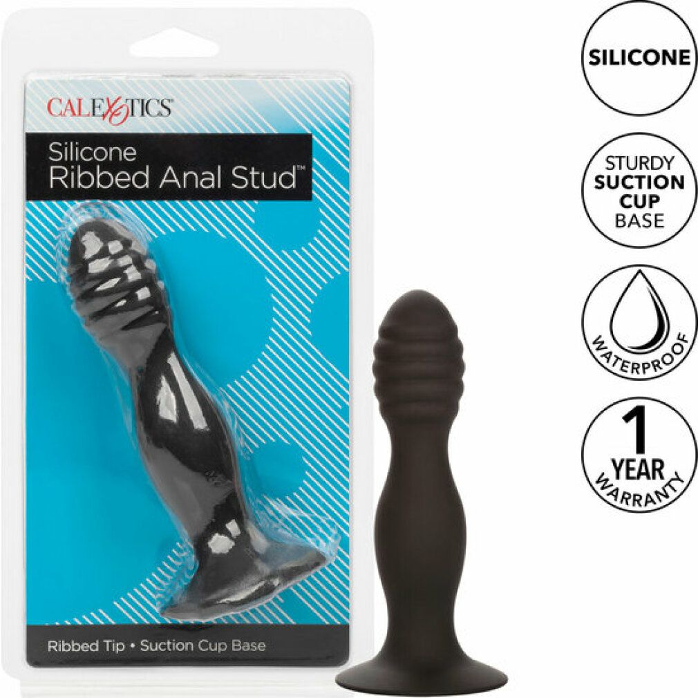 Verpackung mit schwarzem Anal-Stift. Gerippte Spitze, Saugnapf-Basis. Silikon, wasserdicht, 1 Jahr Garantie.