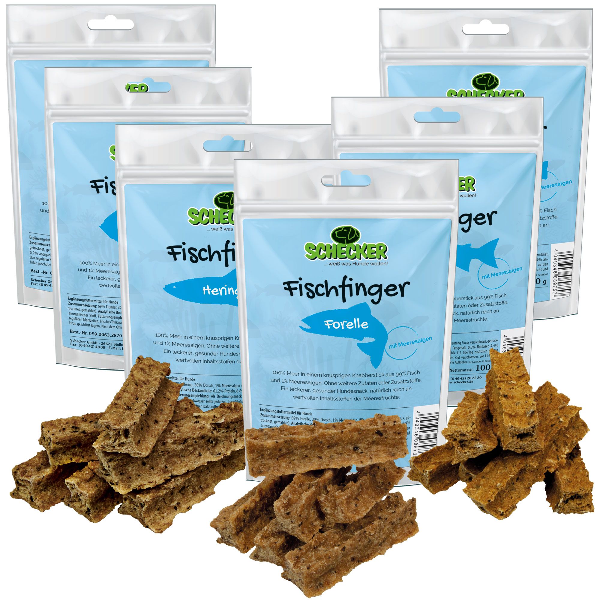 Mehrere Packungen Fischfinger-Hundesnack mit Hering und Forelle. Einzelne Snacks. Verpackungen mit Logo und Produktbezeichnung.
