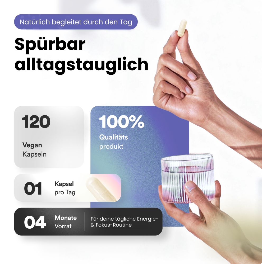 Hand hält Glas mit Wasser und Kapsel. Text: 120 vegane Kapseln, 1 Kapsel pro Tag, 4 Monate Vorrat. 100% Qualitätsprodukt.